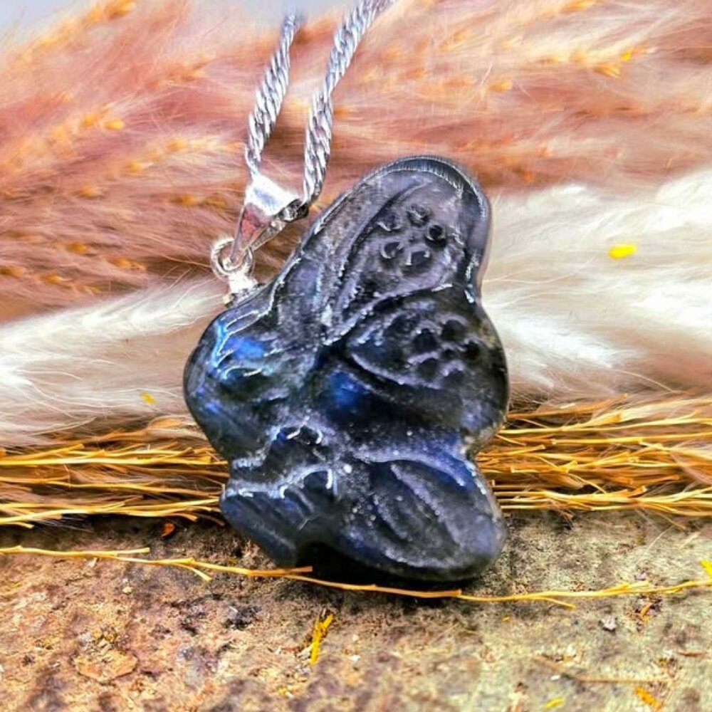 Nature Labradorite Carved Flashy Butterfly Fairy Pendant Necklace